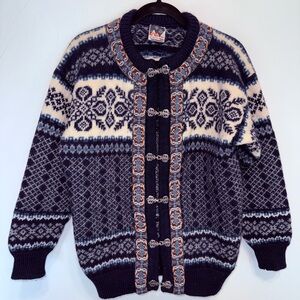 Dale of Norway Fair Isle Snowflake Wool Cardigan Sweater Metal Clasp Sz XL
